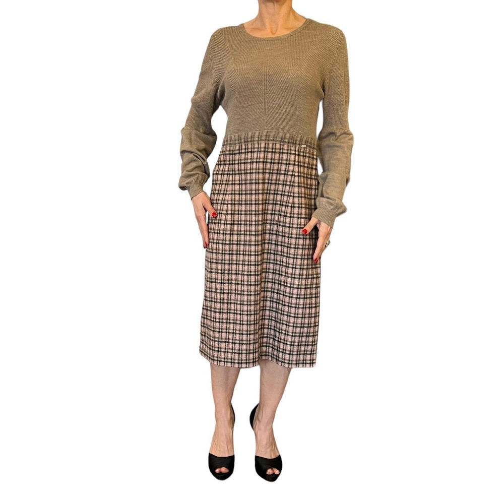Escada Sport Women's Shiromi York Plaid-Skirt Knit Sweater Dress Brown Pink M/L